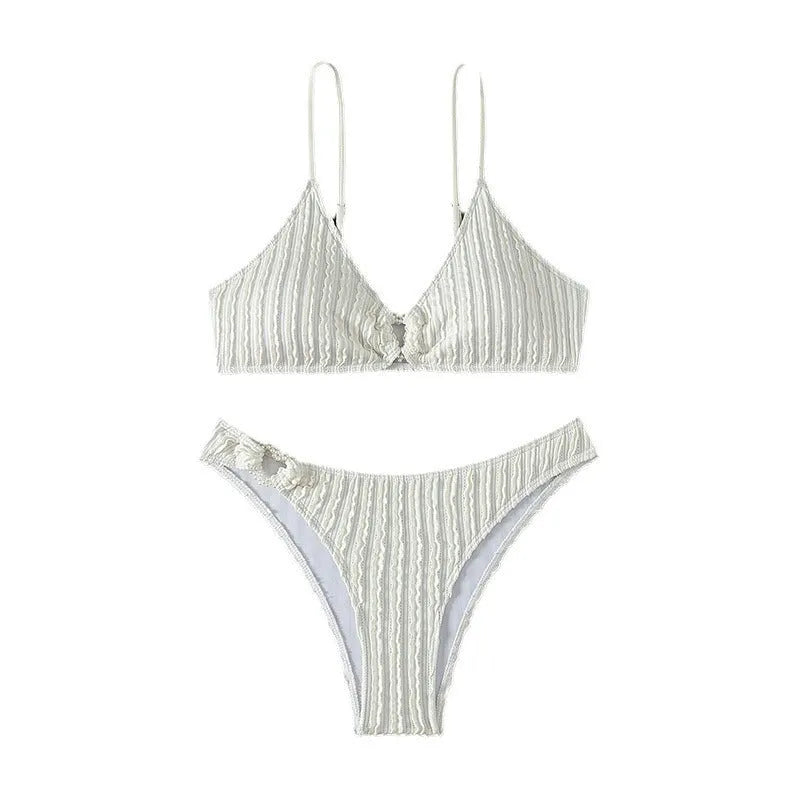 White women's V-neck swimsuit with separate top and shorts for beach or pool