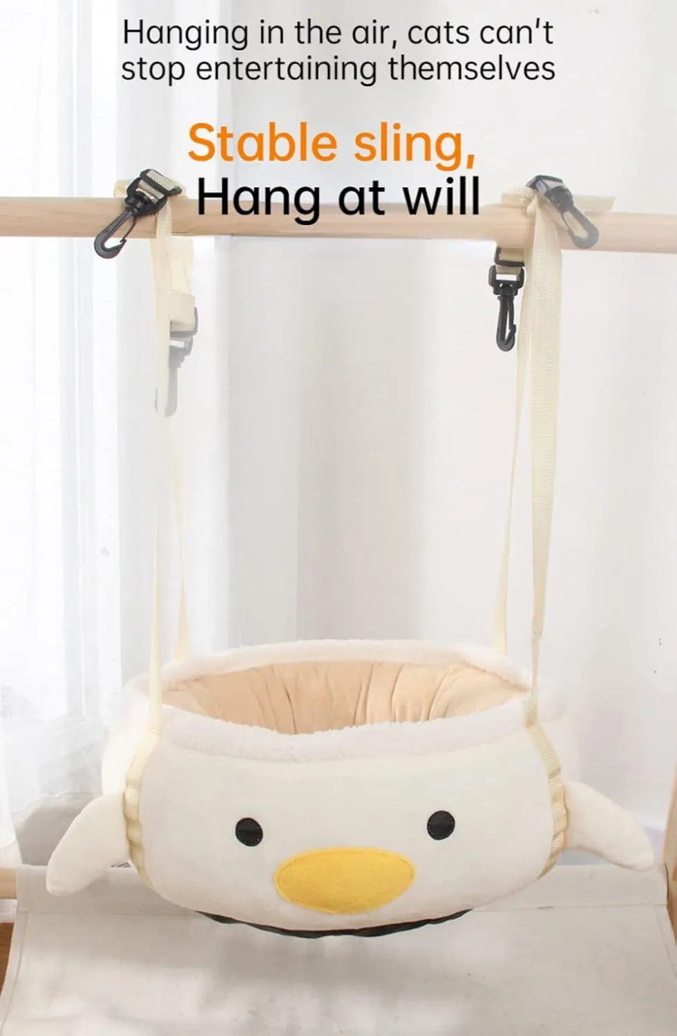 Green dinosaur-shaped cat bed shown both flat as a sofa and hanging as a hammock with straps