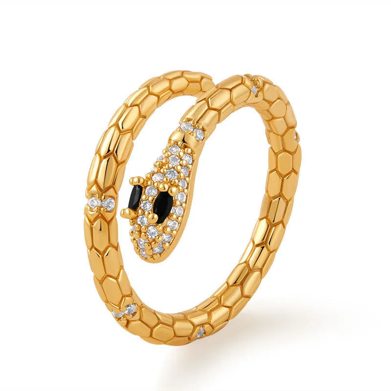 Adjustable copper snake ring with 18K gold colour plating and diamond treatment surface