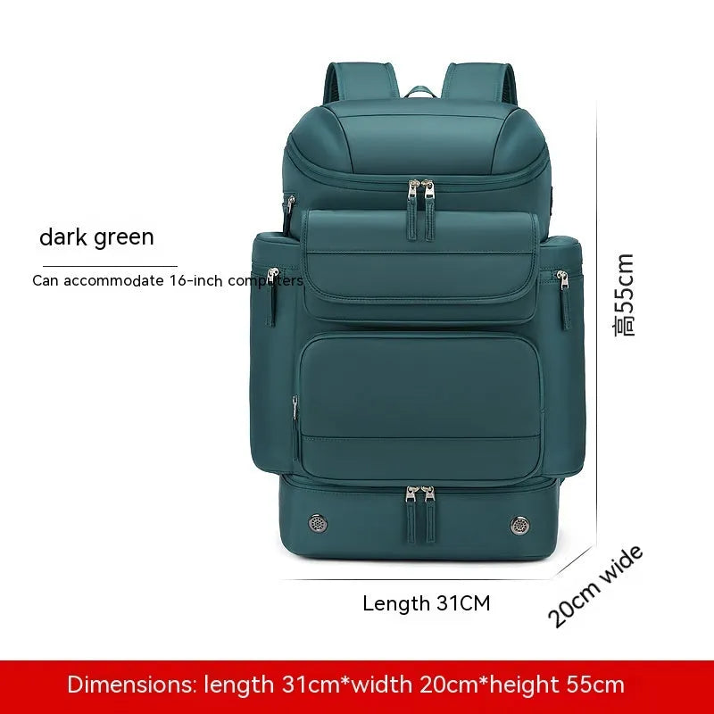 Men's large 21-inch waterproof backpack in army green Oxford cloth with curved shoulder strap
