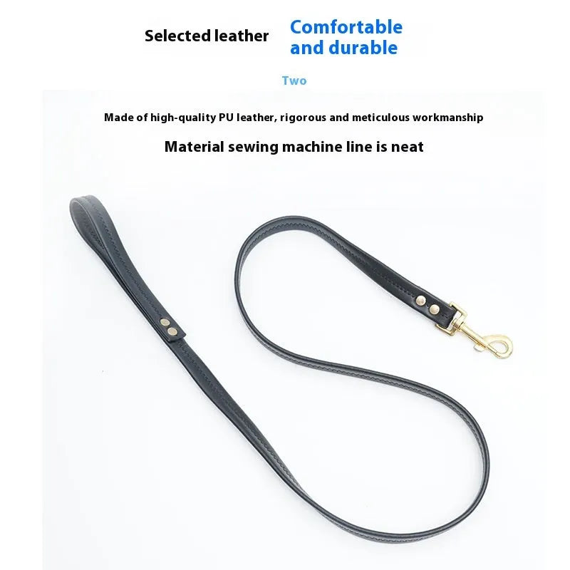 Black PU leather dog lead with metal clip shown at 2 metre length