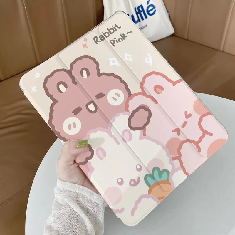 Silicone rabbit cartoon tri-fold protective case for iPad in stand mode.