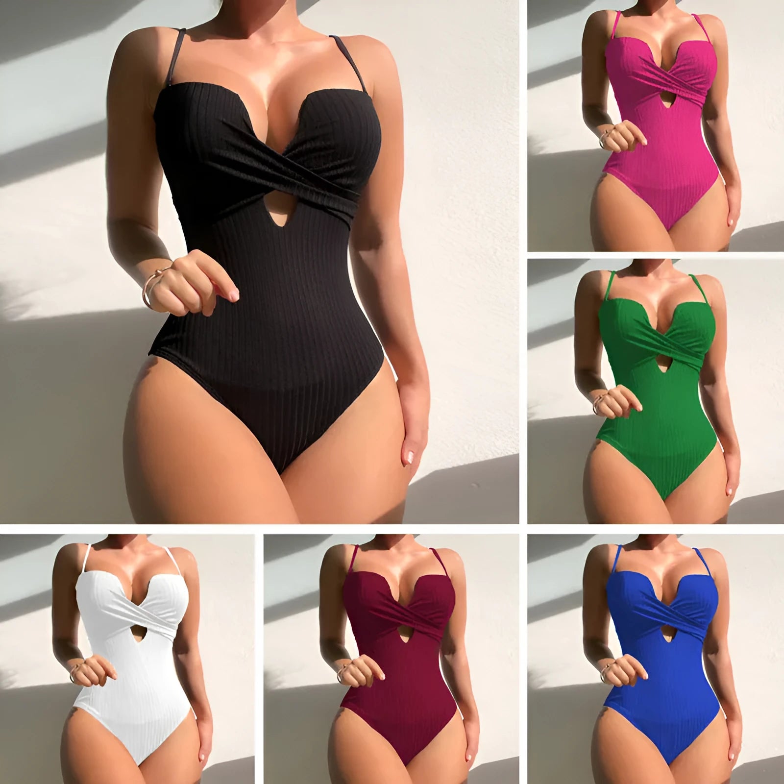 Women's slim-fit one-piece swimsuit in solid colour options: white, burgundy, rose red