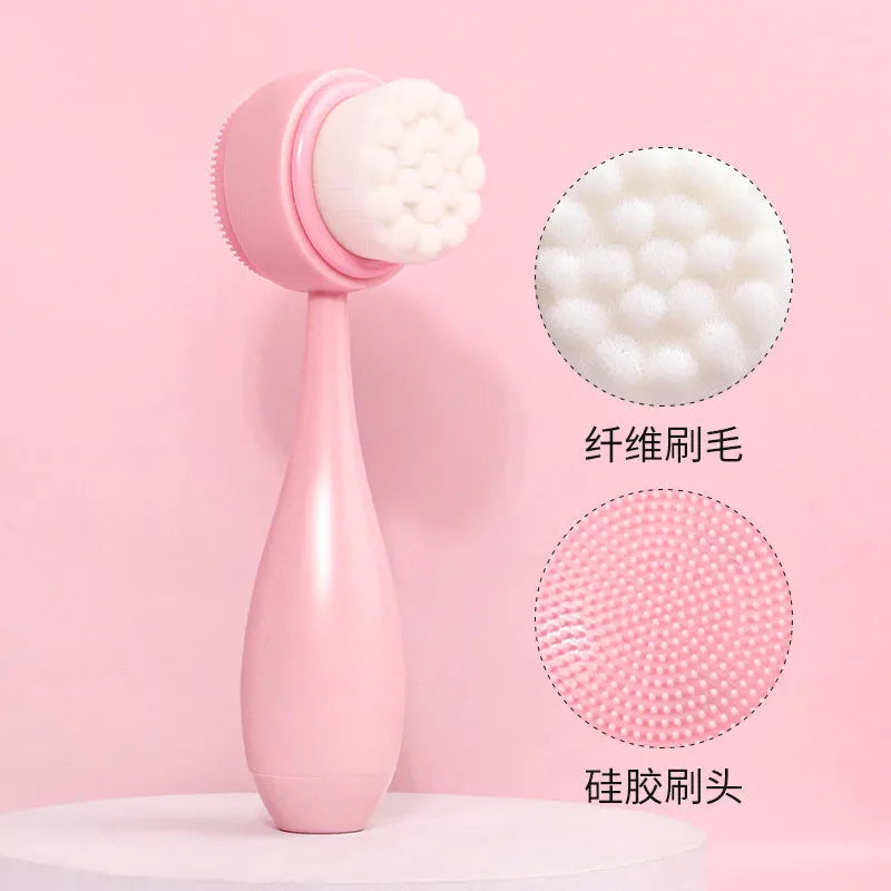Purple facial brush with nylon bristles and matching coral fleece hair band on a white background.
