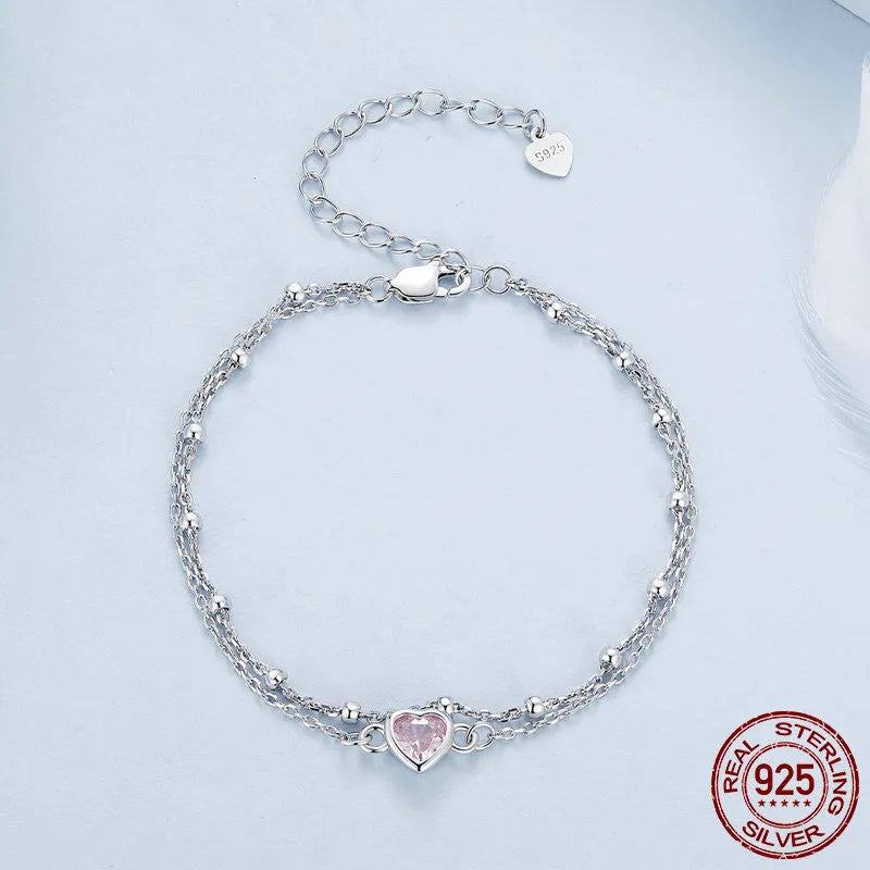 Sweet girlish style 925 sterling silver bracelet with heart-shaped pendant and adjustable chain