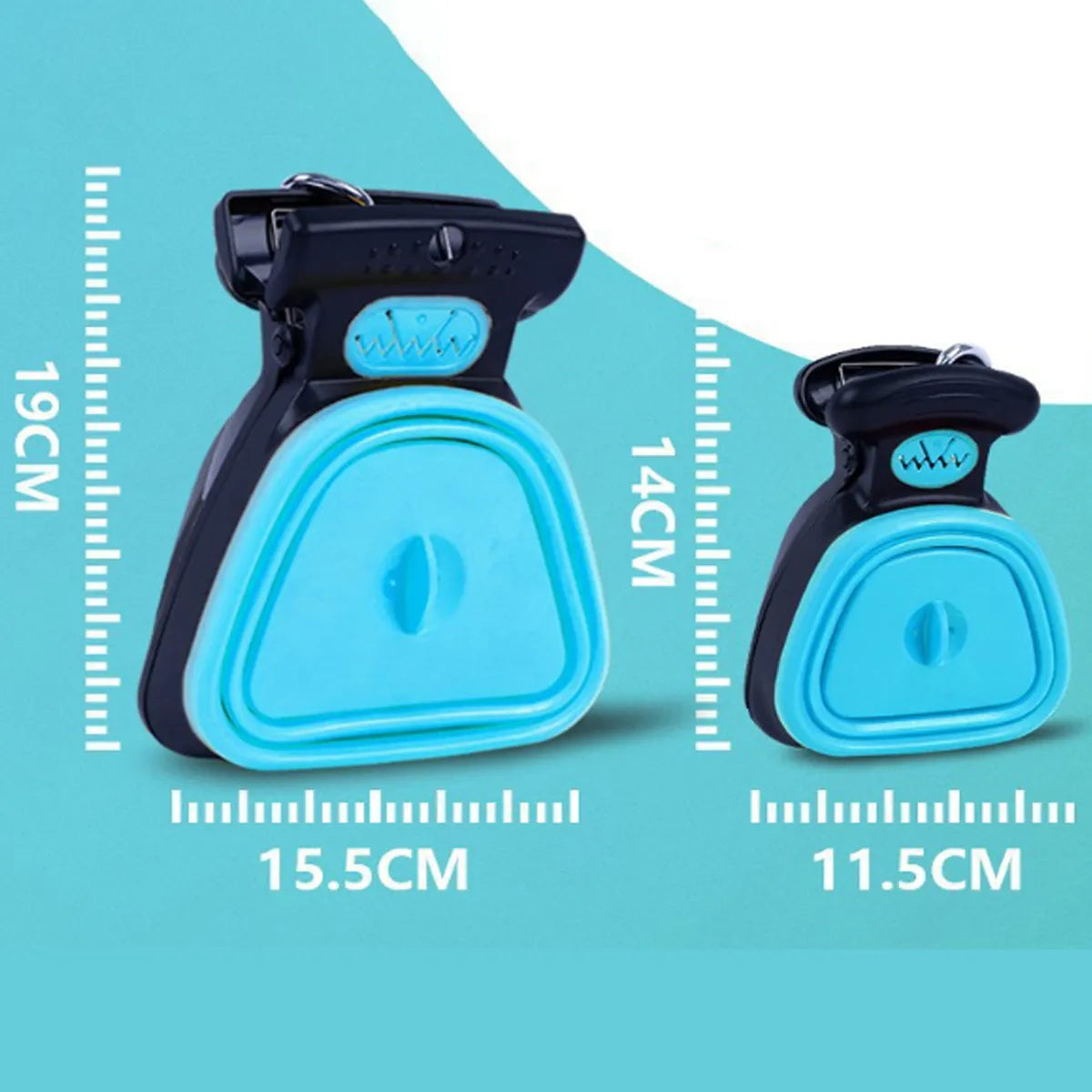 Portable blue pooper scooper with expandable waste container and integrated bag dispenser for dog walks