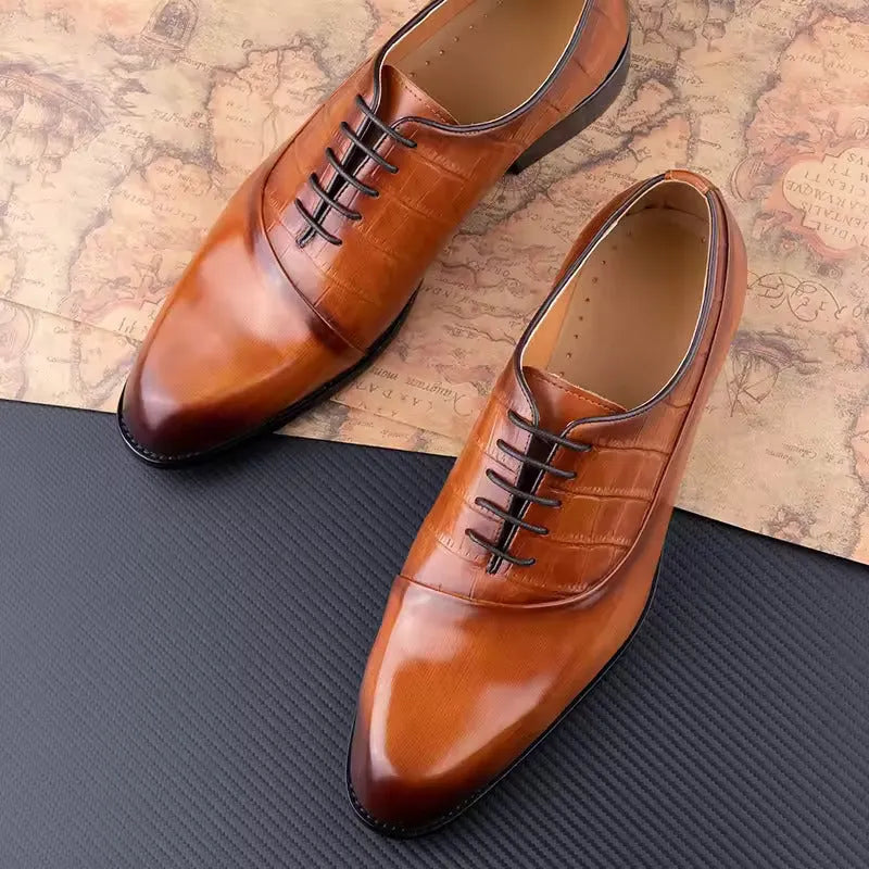 Men's handmade cowhide leather pointed toe dress shoes in brown and black