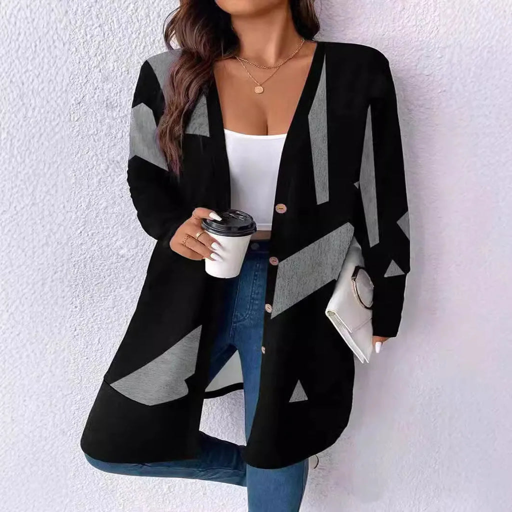 Black plus size casual cardigan with button stitching printing details and regular sleeves