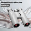 Blue and grey 10x32 compact binoculars with wine red film imaging on a table.