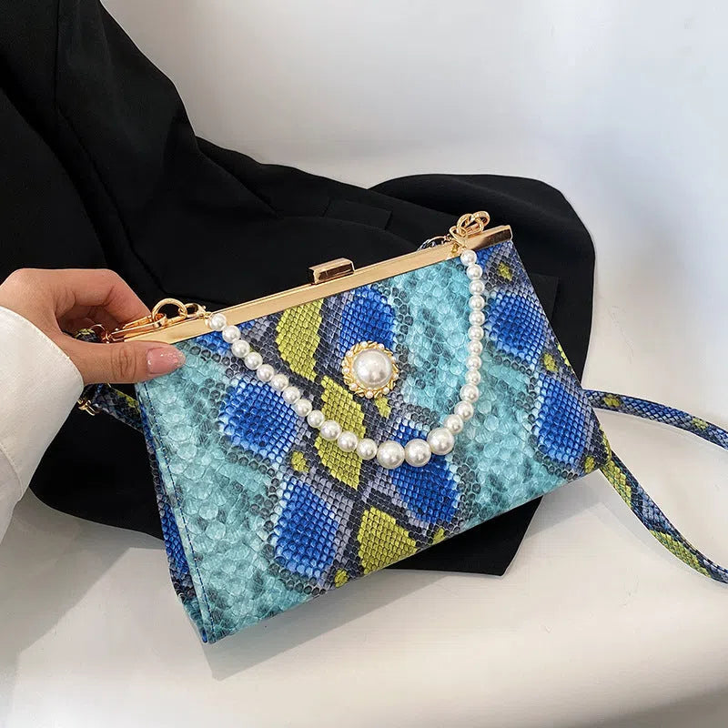 New vintage snake-pattern pearl-chain evening bag in khaki with hard rectangular shape and single strap