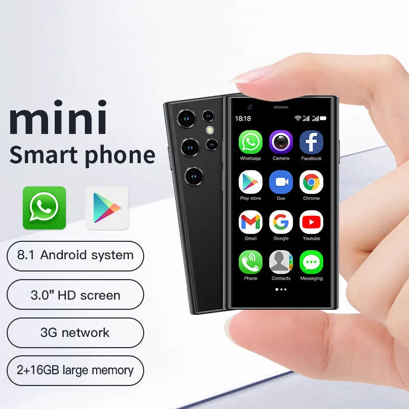 Mini Android smartphone with 30 screen in black, green, or pink purple colours