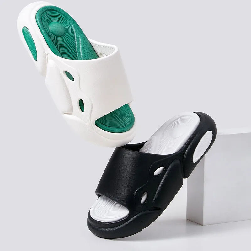Women's and men's two-colour thick-soled EVA slippers shown in pink purple, white green, and black white colour options.