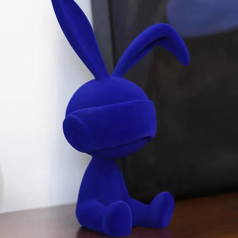 Suede blindfold rabbit resin table ornament in blue, green, or red colour