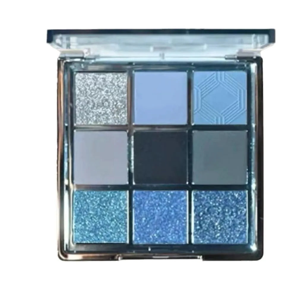 Mugeleen nine-colour eyeshadow palette showing blue smoked shade with matte shimmer diamond finishes