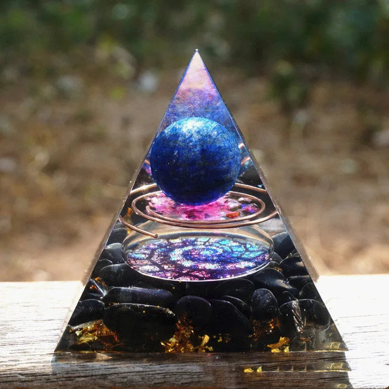 6cm clear resin pyramid ornament containing natural crystal gravel in geometric shape