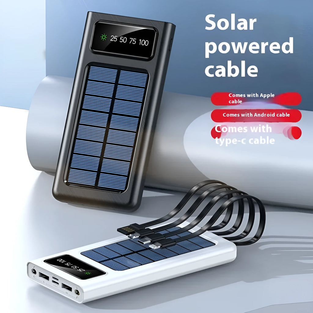 Black and white solar power bank with 20000mAh capacity and charging cable for mobile phones