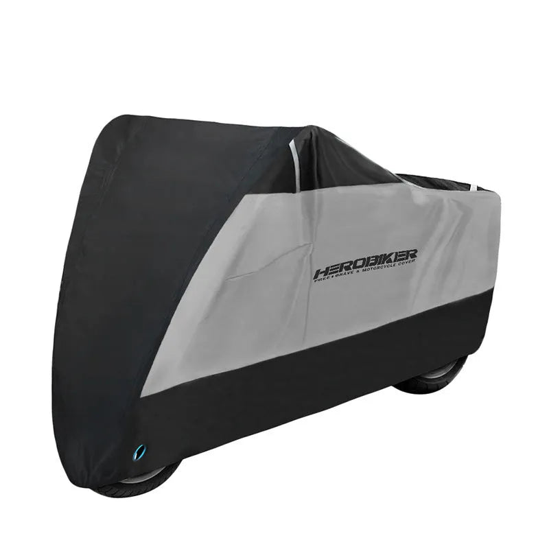 Polyester motorcycle cover in black colour shown covering a parked motorcycle for weather protection