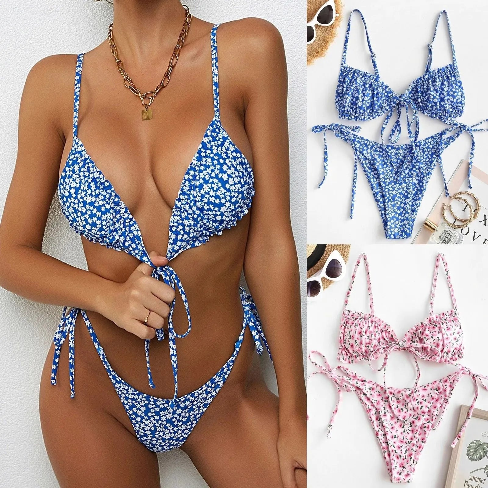 Printed multi-rope banded bikini women's swimsuit in blue with short sleeves and lapel collar