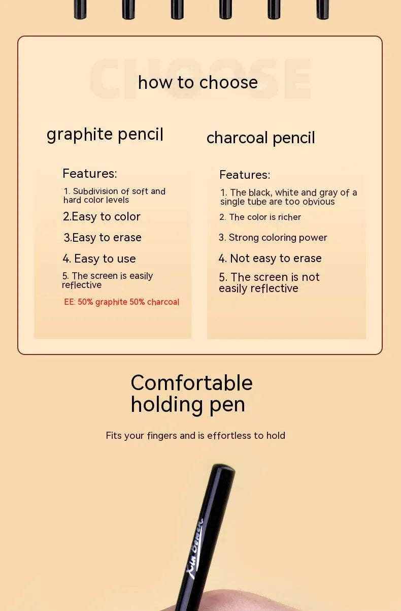 Six wood-free graphite sketching pencils showing different darkness grades from HB to EE