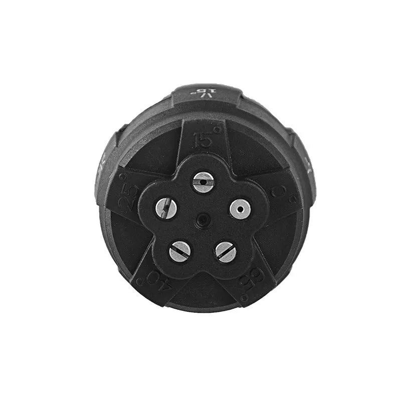 Multi-functional five-pattern spray nozzle for high-pressure water guns made from black ABS plastic.