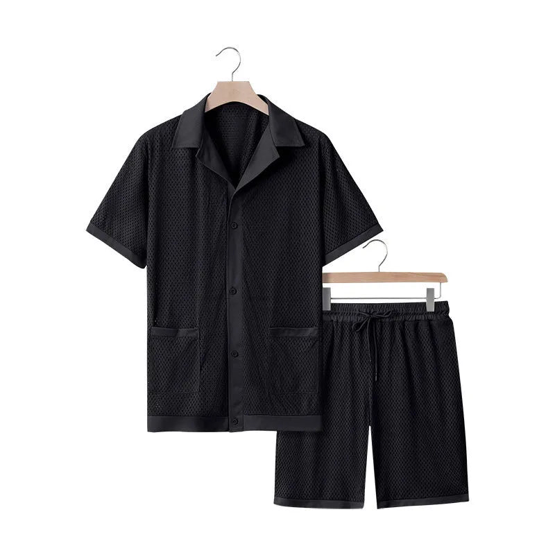 Lightweight women's beach shorts suit set in lake blue, showing short sleeve jacket and matching shorts.