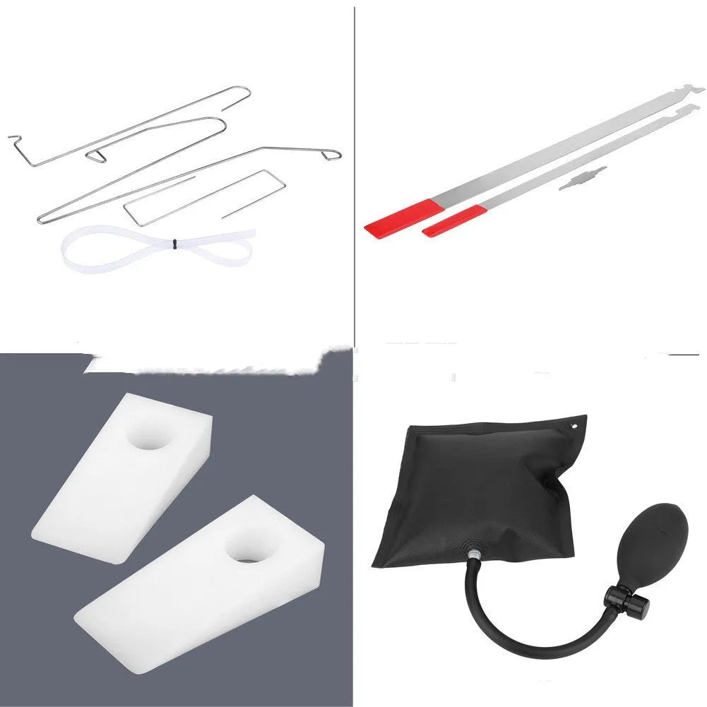 9-piece automotive maintenance kit with air pump wedge, plastic wedges, and metal crowbar tools for car repair