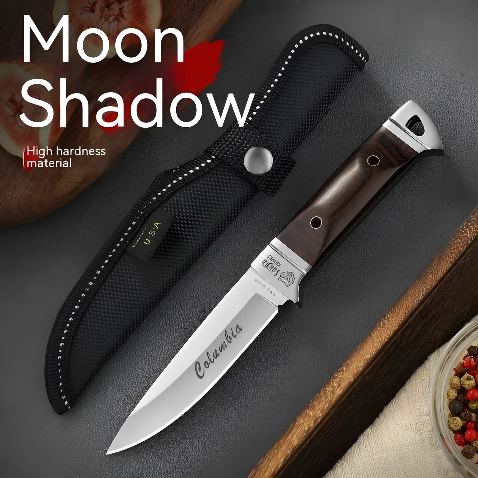 Stainless steel national style folding camping knife displayed with its leather storage case.