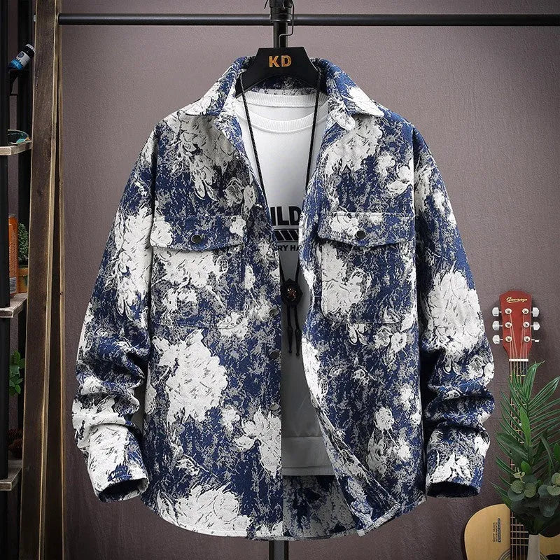 Men's casual lapel shirt coat in polyester with straight hem and long sleeves for spring and autumn wear
