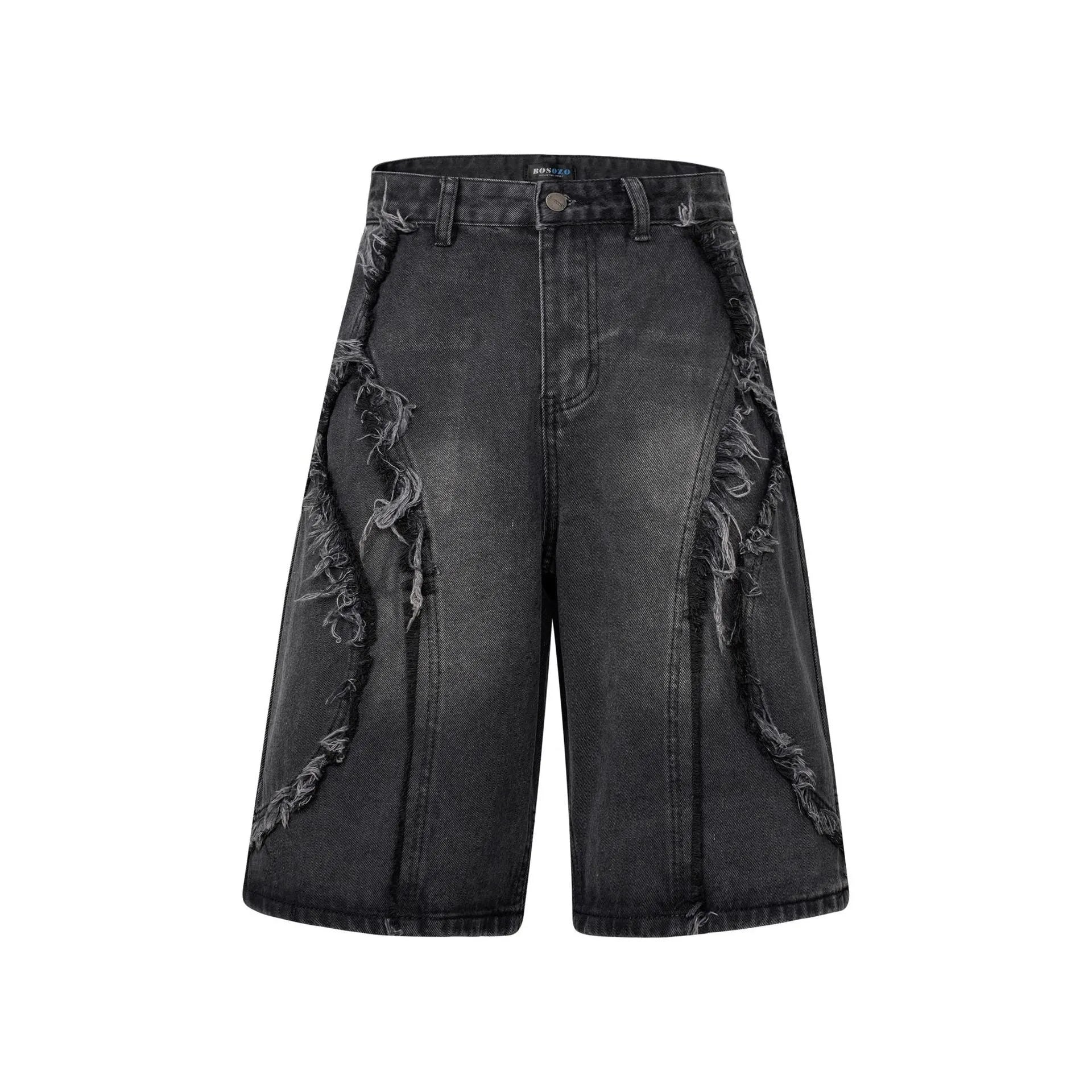 American Pu Shuai men's distressed denim shorts with raw edge trim in black, straight leg cropped fit.