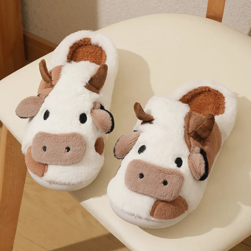 White cartoon cow plush slippers for women with non-slip textured PVC soles
