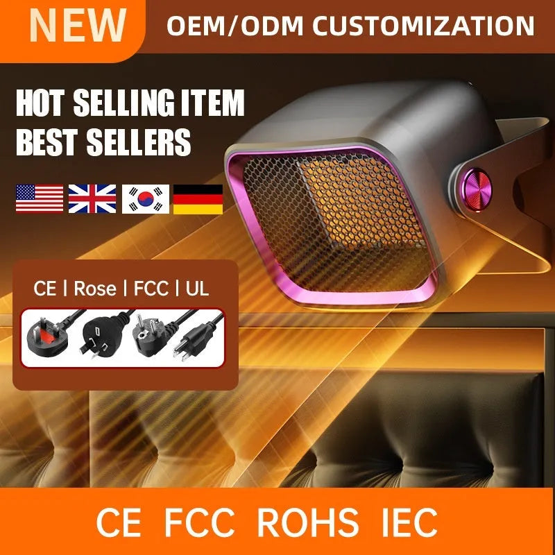 Compact grey desktop ceramic heater with rotatable grill on a wooden desk.