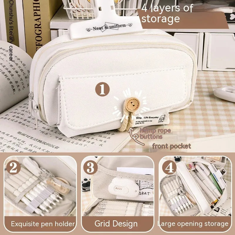 Korean-style canvas pencil case in green, beige, blue, and grey colours storing approximately 80 pens
