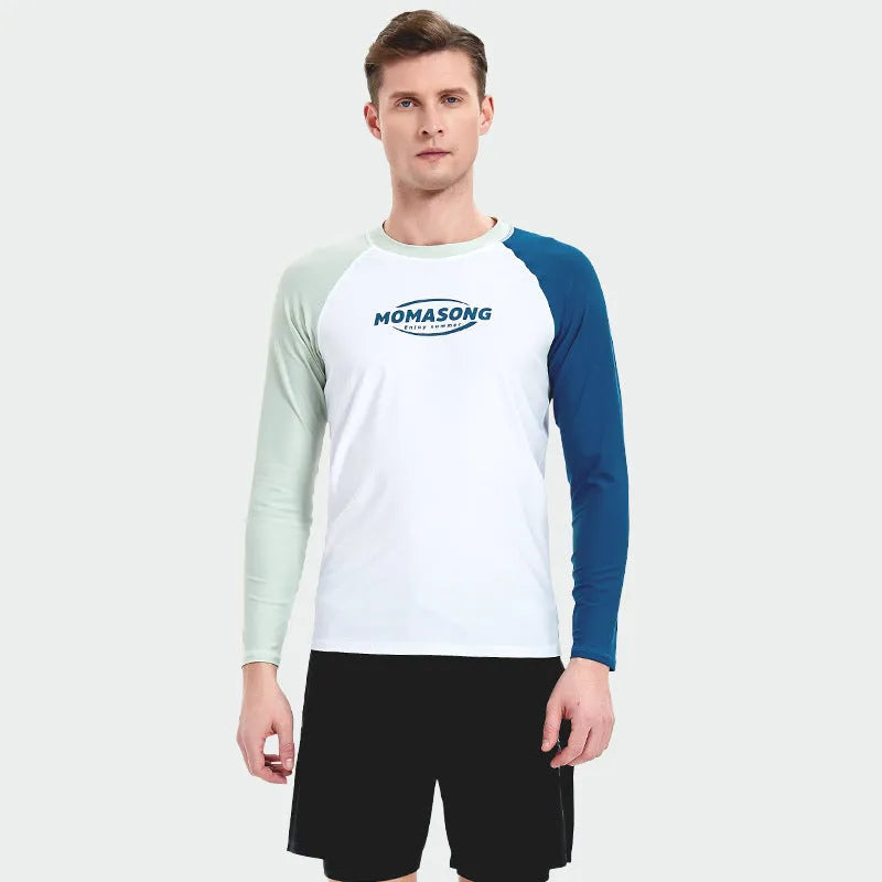 Men's white long-sleeved swimsuit top with matching trousers for outdoor water sports
