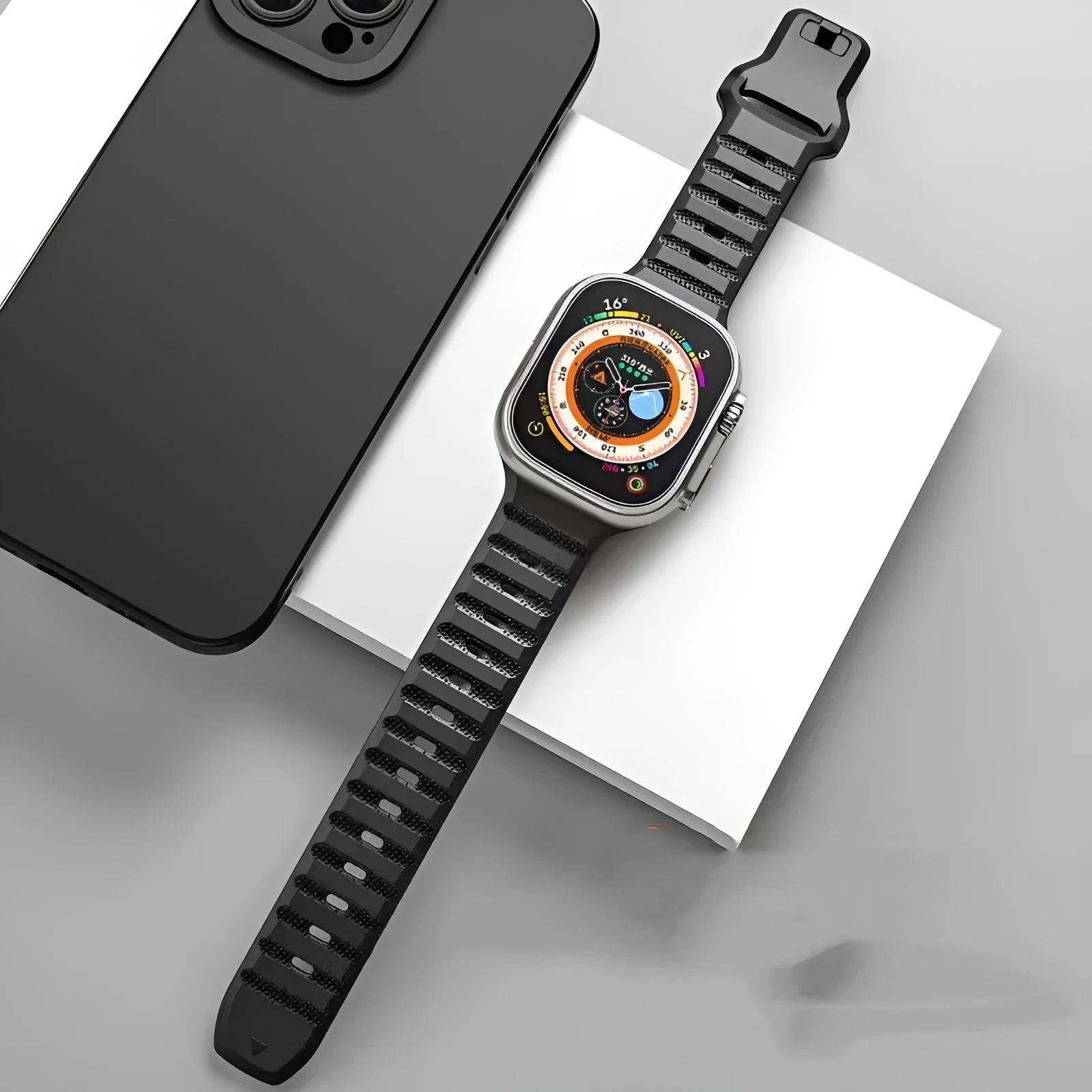 Fluoro rubber watch strap with T buckle for Apple Watch Ultra and Series models in multiple colours.