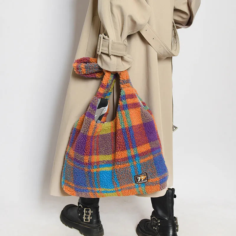 Women's plaid plush crossbody tote bag in army green, orange, or purple with interior organisation pockets