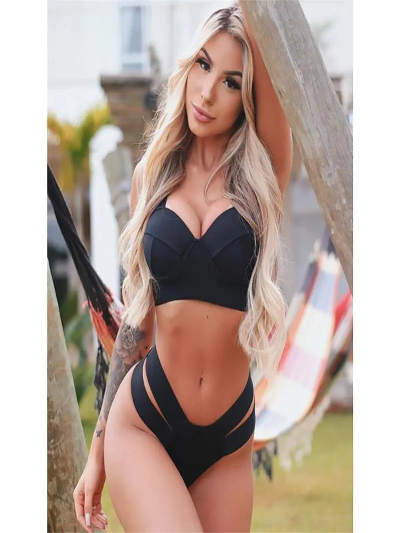 Women's push-up bikini set with steel bracket support in Rose Red, Black, Peacock Blue and Blue nylon fabric