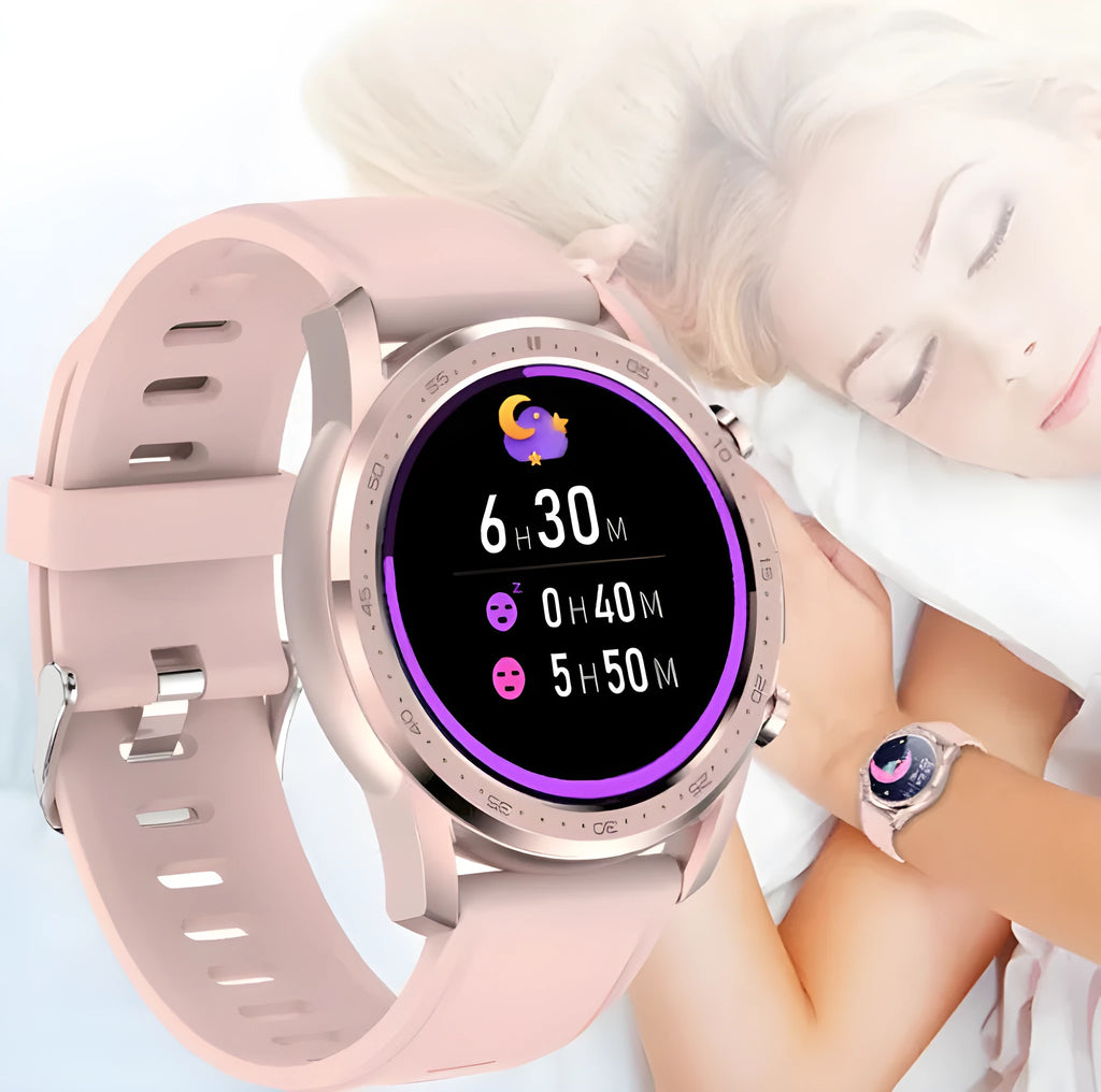 Black smart wristband with body temperature monitoring on a wrist, showing its 1.3-inch screen and zinc alloy case.