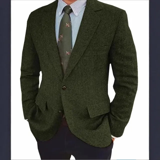 Men's brown herringbone suit jacket with long sleeves and retro business casual style