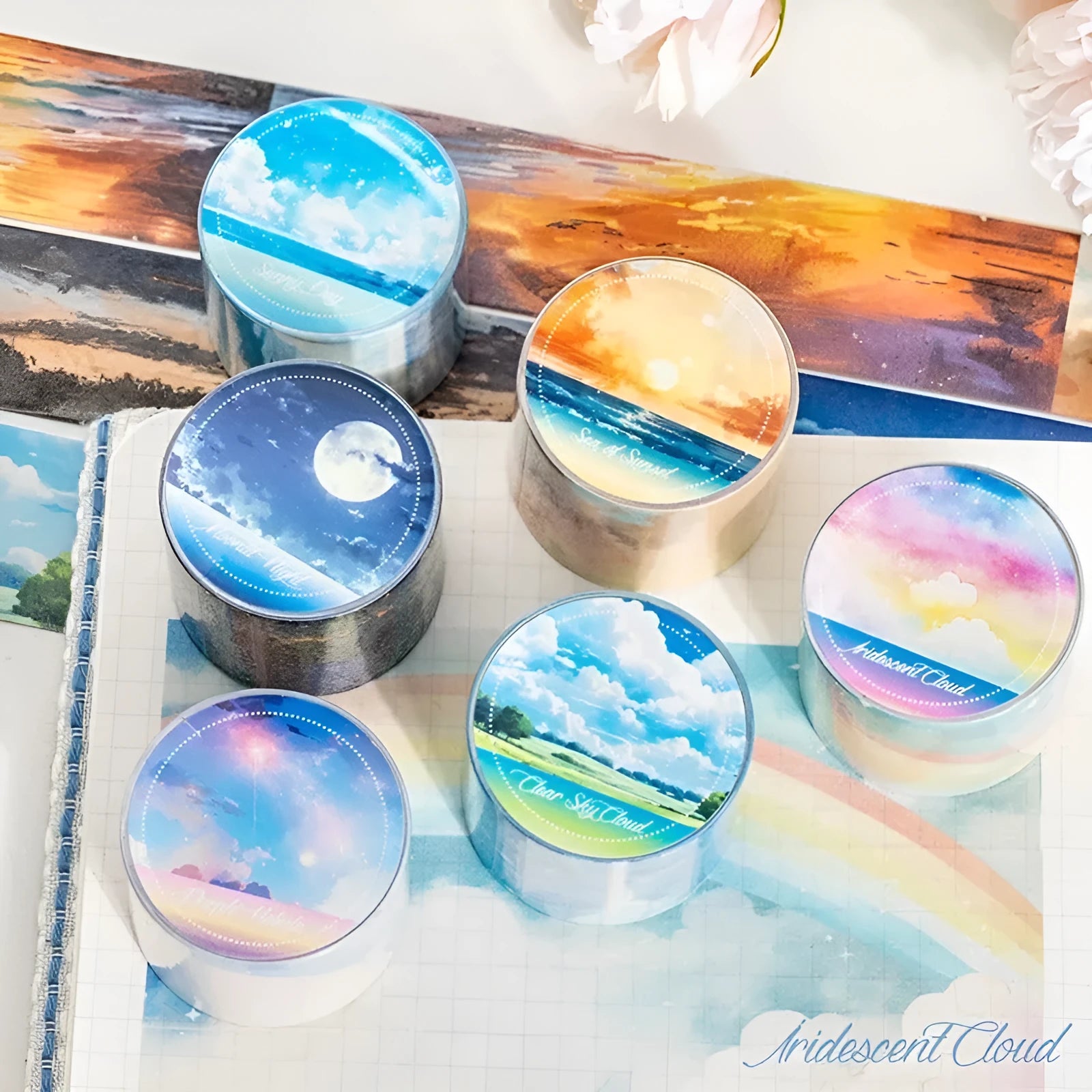 Japanese paper sky theme decorative washi tape roll showing colourful clouds design, 30mm wide