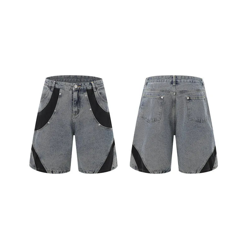 Retro washed denim suit set with short-sleeve jacket and matching trousers in blue colour