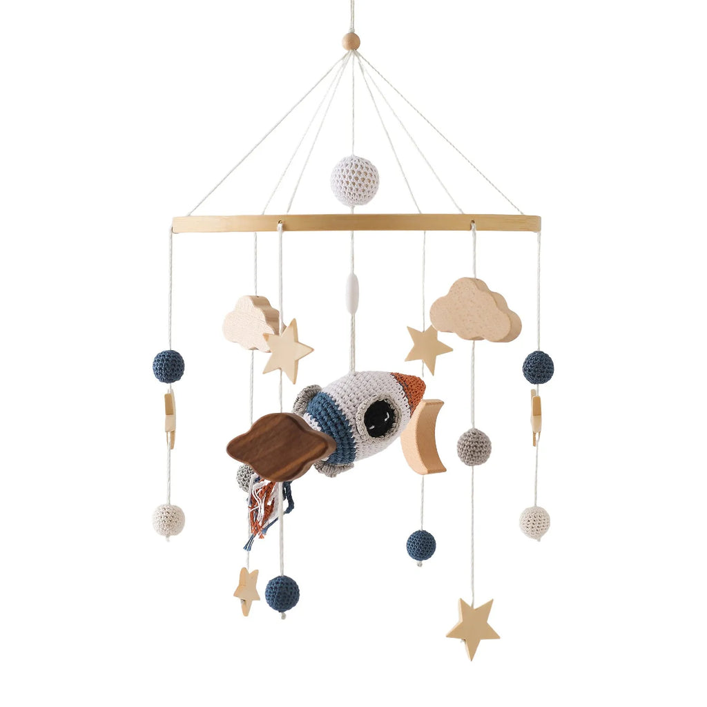 Nordic wooden baby car hanging wind chime with crochet sun design for vision training