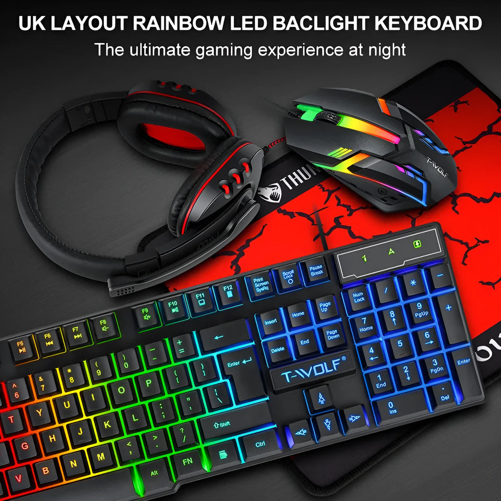 Thunder Wolf wired gaming keyboard and mouse bundle with headset and mouse pad on desk