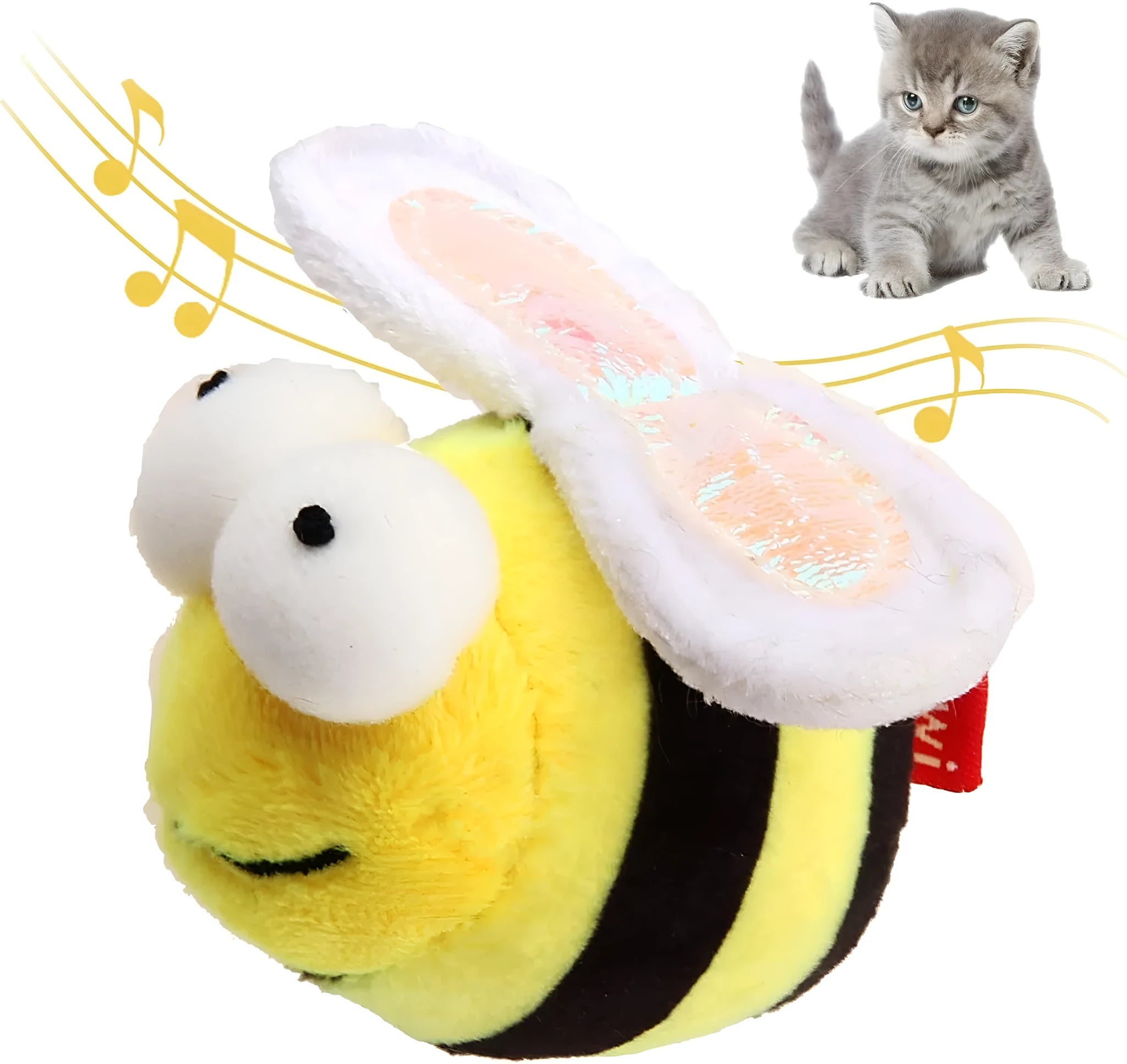 Yellow bee-shaped electronic cat toy with motion-activated squeaking functionality
