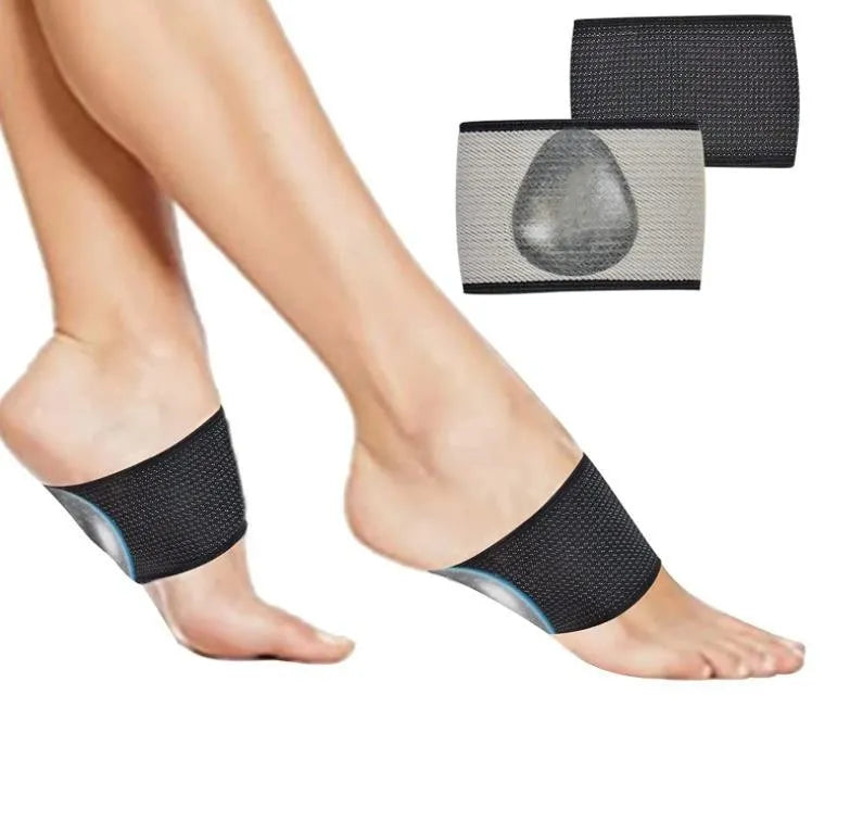 Elastic PU arch support bandage for flat feet, shown in heart style and ordinary style designs.