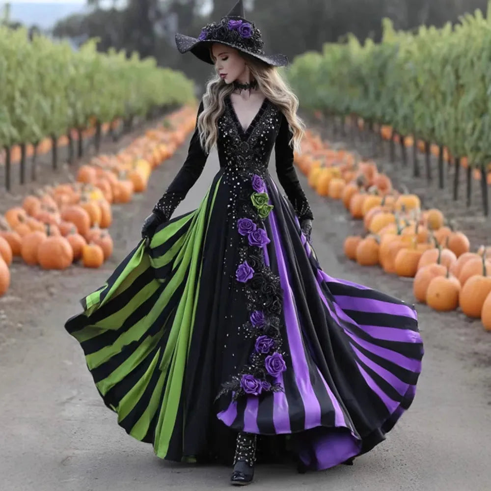 V-neck Long Sleeve Dress Large Swing Dress with High Waist Asymmetric Skirt in Green Purple Patchwork Halloween Dress in Polyester Sizes S to 5XL for Casual Street Fashion Women's Clothing