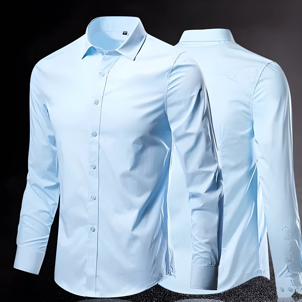 Linen long-sleeve loose fit slim shirt shown in a choice of colours including black, white, and navy blue.