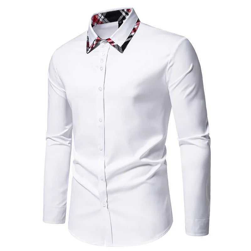 Men's casual long sleeve shirt with triangle collar and plaid contrast colour design in polyester blend fabric