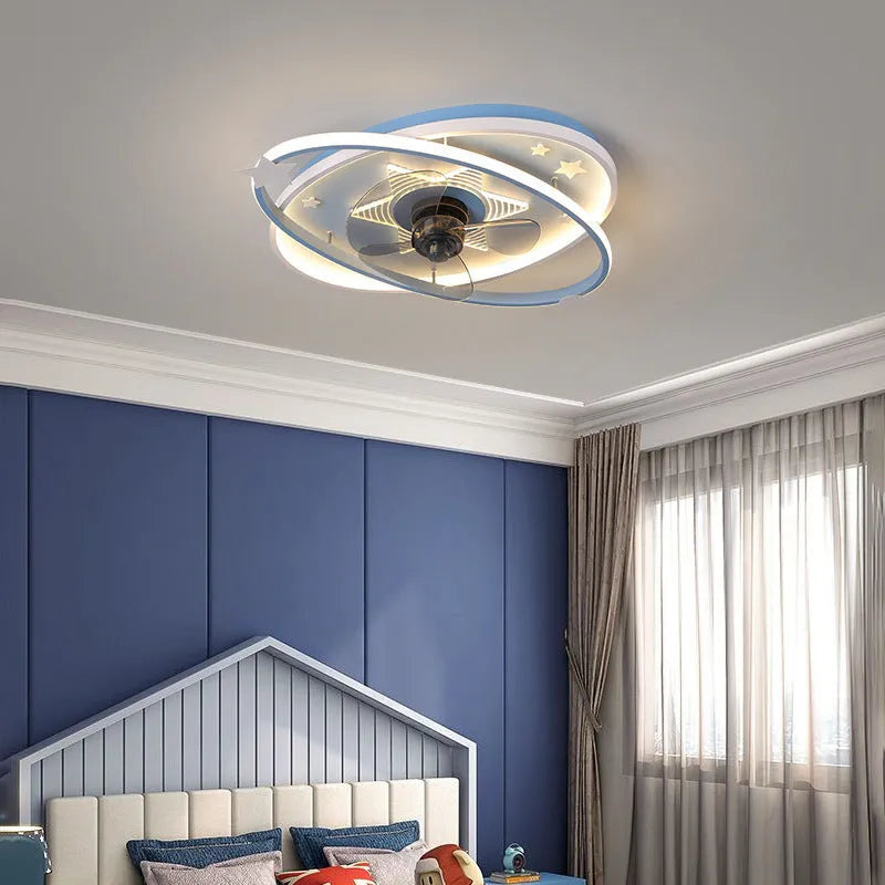 Modern blue children's bedroom ceiling fan light with remote control and acrylic shade