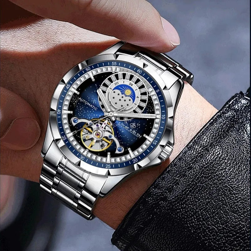 Silver automatic mechanical watch with blue dial and stainless steel bracelet