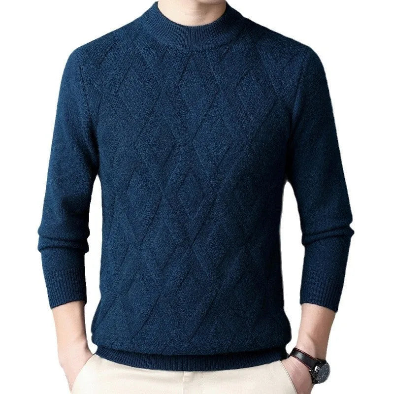 Men's grey diamond jacquard pattern wool blend heavyweight pullover sweater on a hanger.